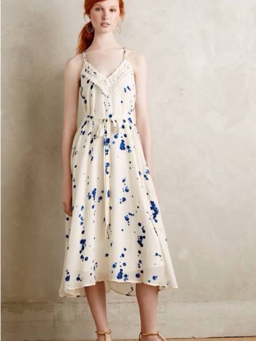 Anthropologie Cream Midi Dress with Blue Spatter